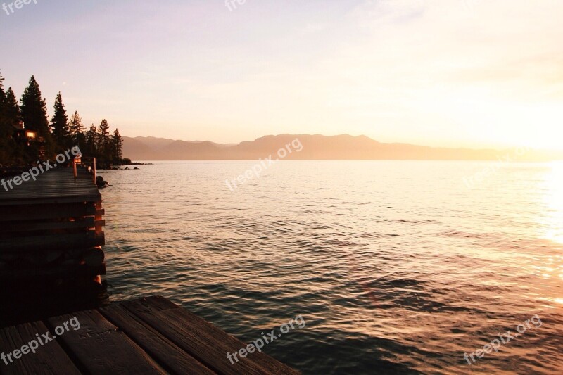 Sunset Lake Water Wood Dock