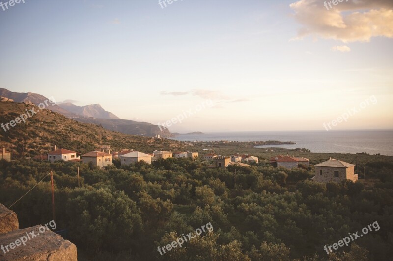 Landscape Houses Trees Hills Mountains