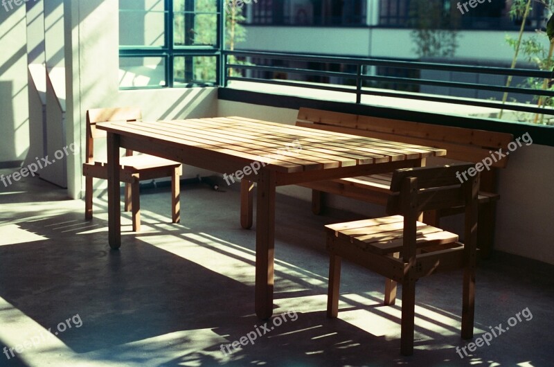 Wood Table Chairs Bench Sunlight