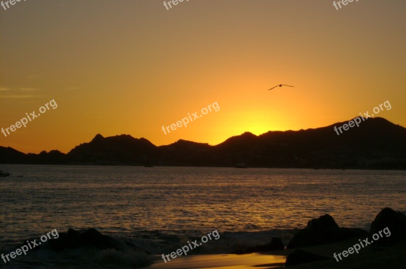 Beach Sunset Silhouettes Mountains Hills