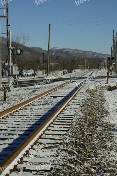 Railroad Tracks Snow Small Town Winter Transportation