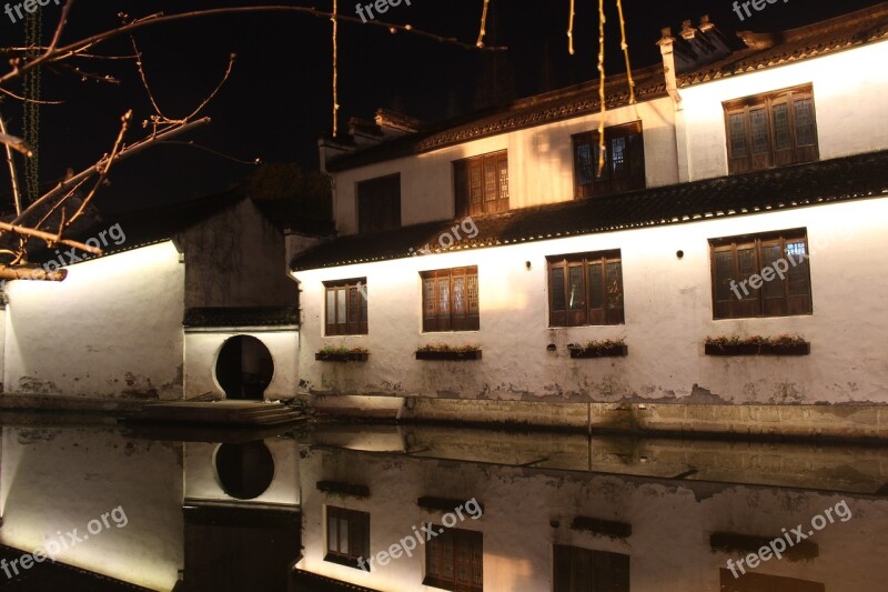 Night View The Scenery Zhouzhuang Reflection Water