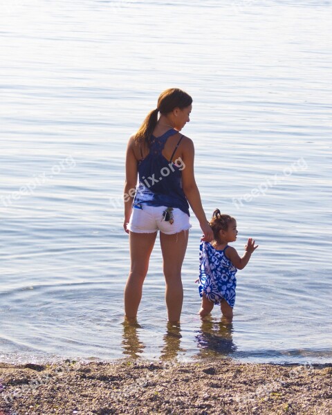 Beach Mother And Daughter Ripples Summer Water