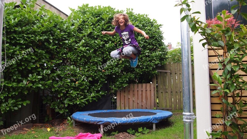 Girl Jump Trampoline Outdoor Garden