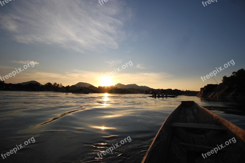 Sunset Water Boat Laos 4000 Islands