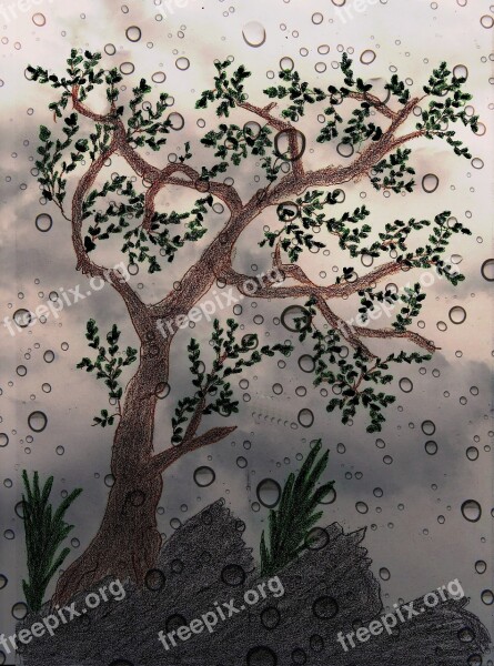 Tree Painted Drawn Digital Rain