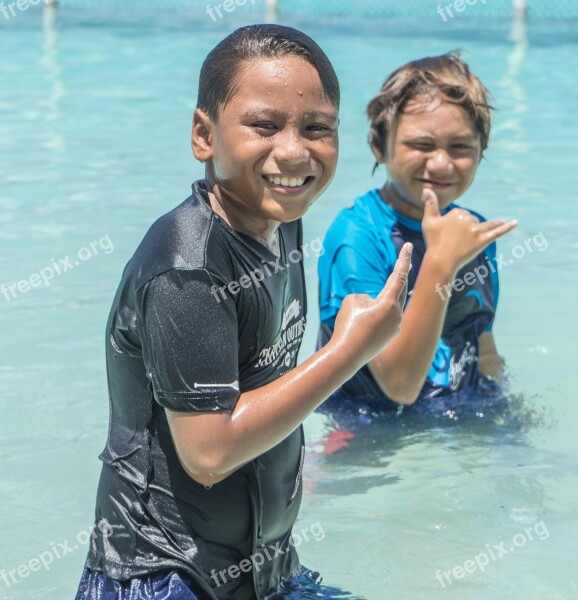 French Polynesia Boys Portrait Ocean Vacation