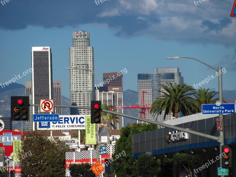 Los Angeles Skyline Daylight Sun Palm Trees Signs