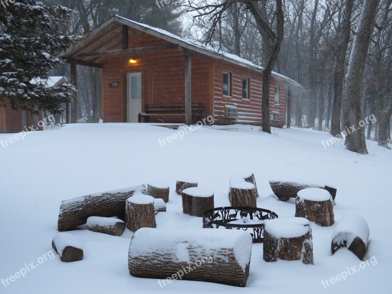 Cabin Snow Winter Campfire Woods