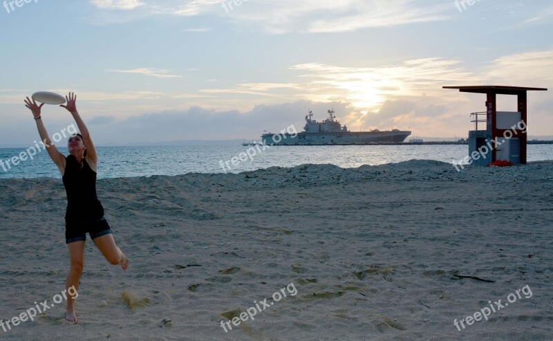 Beach Sunset Girl Frisbee Recreation