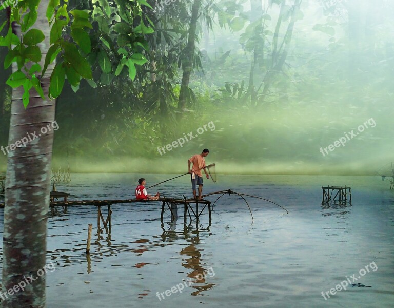 People Fishermen Fishing Forest Green