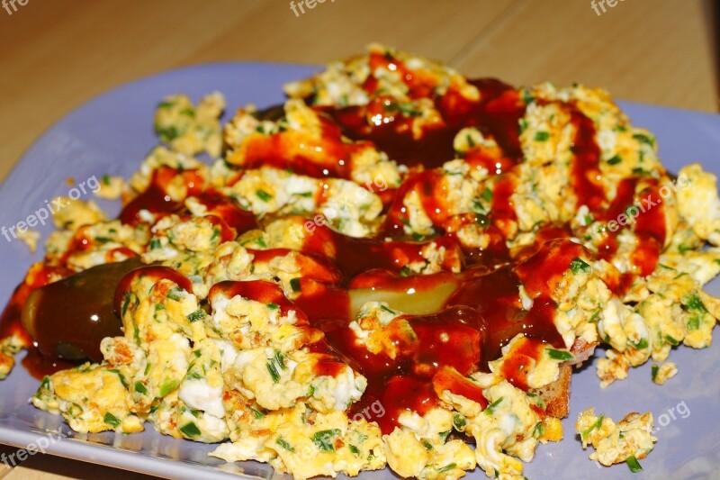 Scrambled Eggs Ketshup Eat Food Lunch