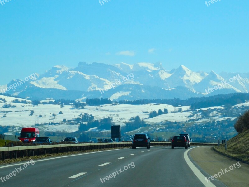 Highway Expressway Traffic Mountains Snow Mountains