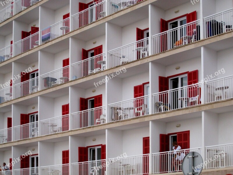 Hotel Front Balconies Red White