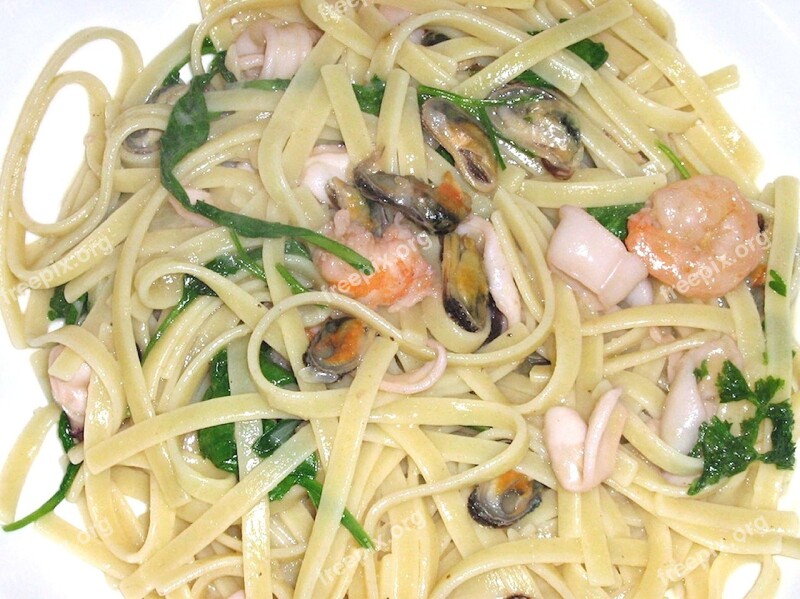 Seafood Fettuccine Shrimp Mussels Calamari Cuisine