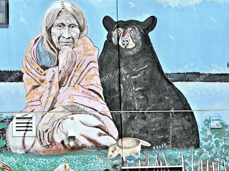 Mural Native Indian Woman Black Bear Building Art Free Photos