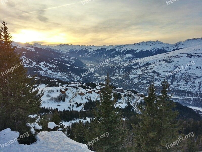 Snow Trees Alpine Sunset Winter