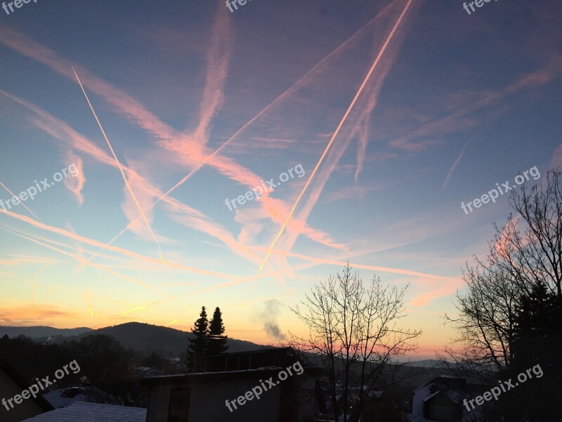 Evening Contrail Evening Sky Afterglow Aircraft