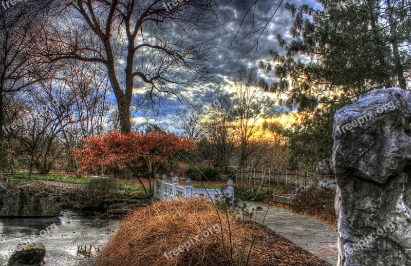 Bridge Arboretum Footbridge Landscape Sunset