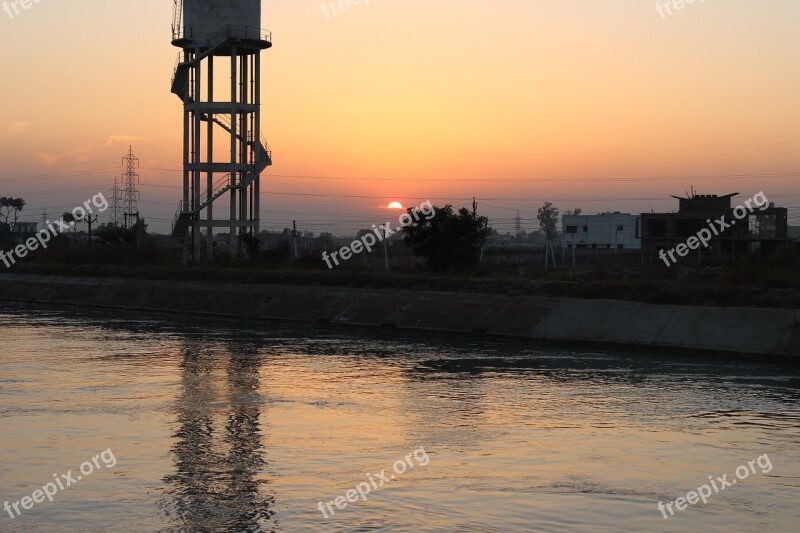 Water Tank Sunset River Water Evening