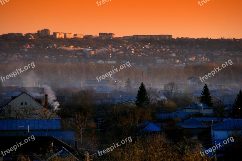 Village Smoke Home In The Evening Sunset