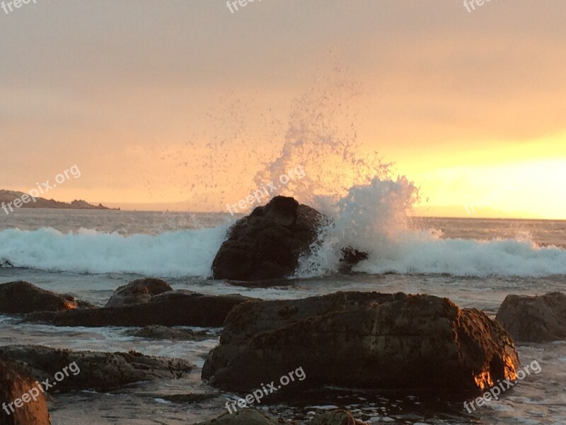 Beach Splash Sunset Rock Wave