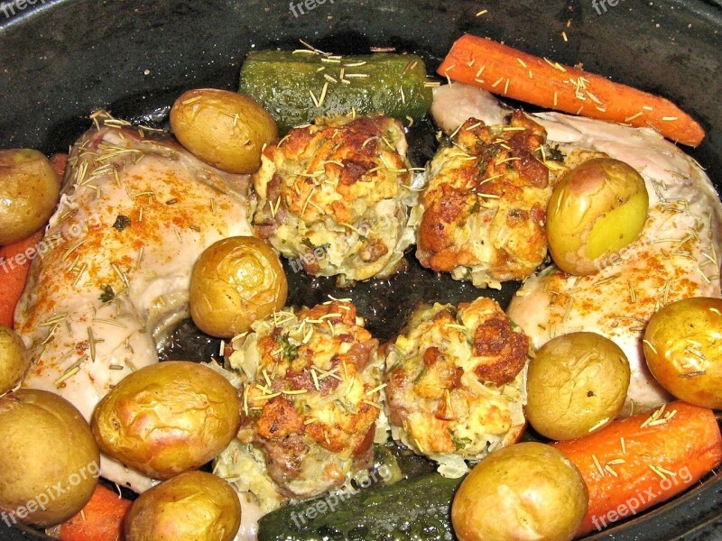 Baked Chicken Potatoes Carrots Zucchini Bread Cubes