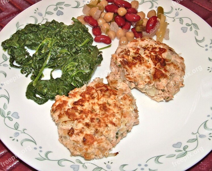 Spinach Bean Salad Salmon Cakes Food Grilled