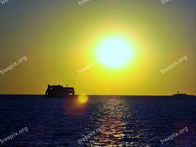 Ship Sunset Silhouette Sky Landscapes