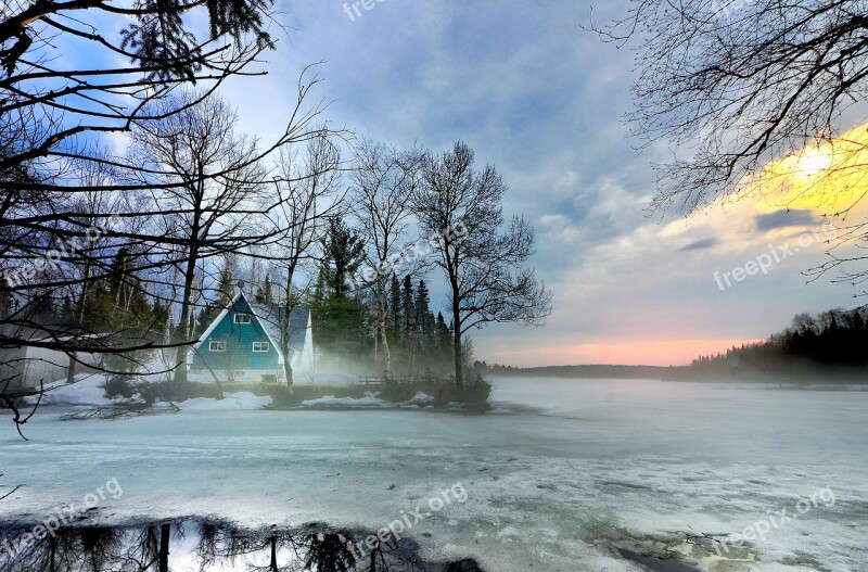 Winter Landscape Ice Water Clouds Sunset