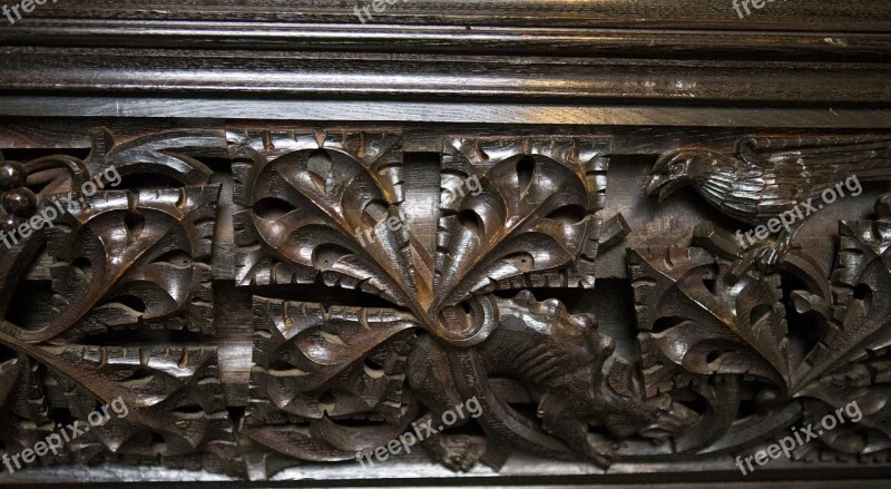 Detail Medieval Oak Carving Stylised Acanthus Leaf Wild Boar Raven