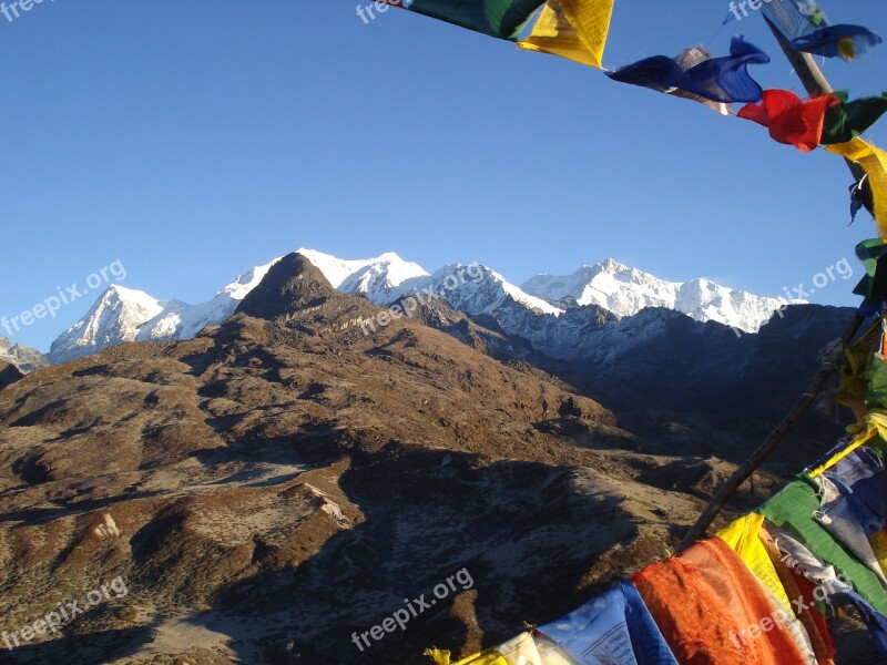 Sikkim Mountain Sky Flags Landscape