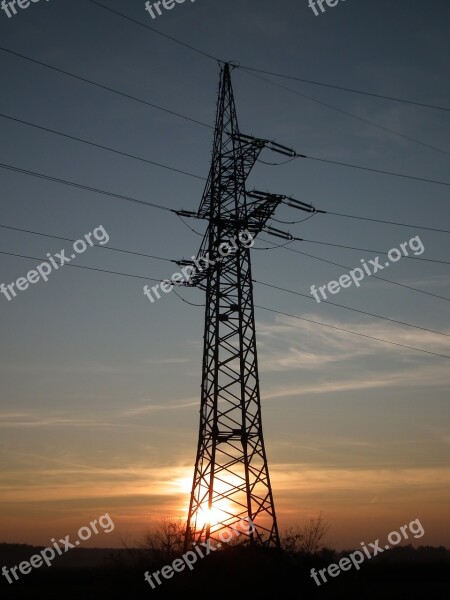 Sunset Strommast High Voltage Pylon Landscape