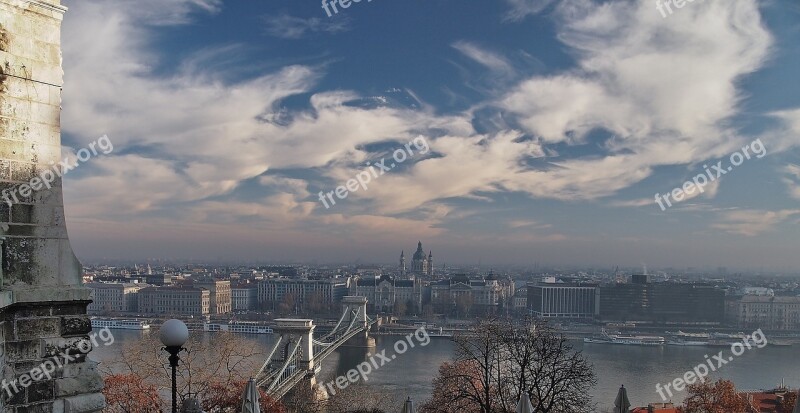 Budapest Smog Chain Bridge Hungary River Bank Sky