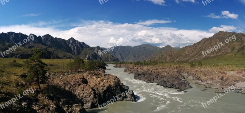 Panorama Katun Mountains River Landscape