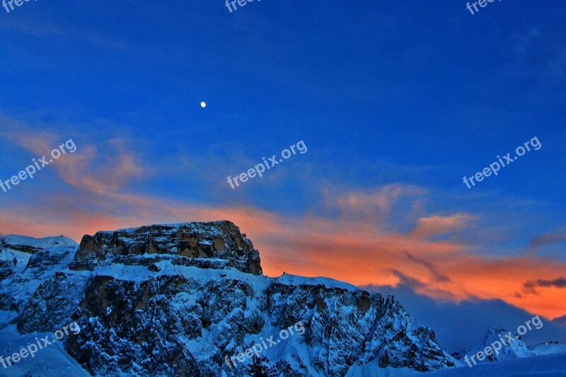 Pordoi Pass Winter Sunset Luna Sky