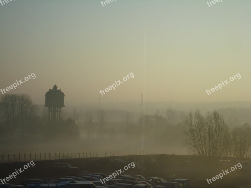 Landscape Morning Trees Water Tower Fog