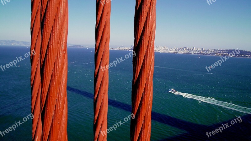 Golden Gate Bridge Cable Boat San Francisco Bay Skyline