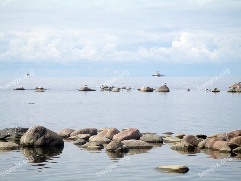 Gulf Of Finland Sea Stones Horizon A Ship On The Horizon