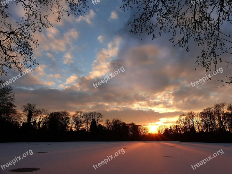 Sunset Snow Cover Lake Wintry Free Photos