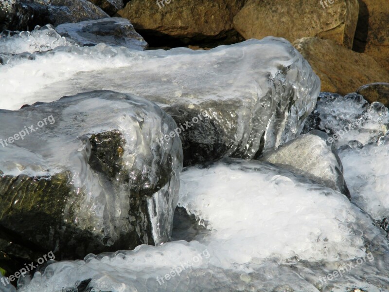 Winter Ice Bank Shore Stones Lake