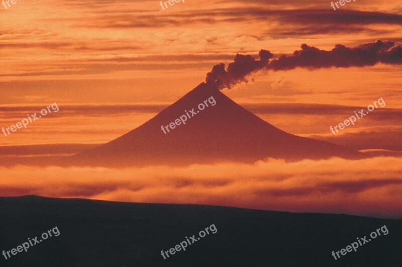 Sunset Mount Shishaldin Volcano Symmetrical Steam