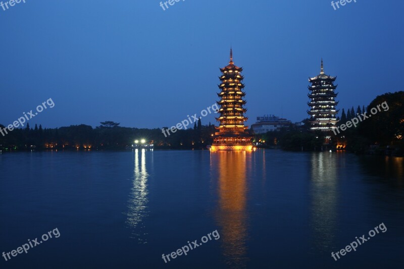 Ancient Tower Stupa Lake Night View Guilin