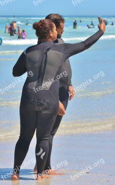 Surfer Wetsuit Lovers Selfie Beach