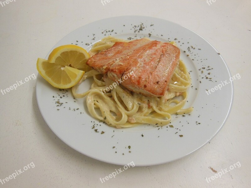 Salmon Noodles Lemon Eat Food