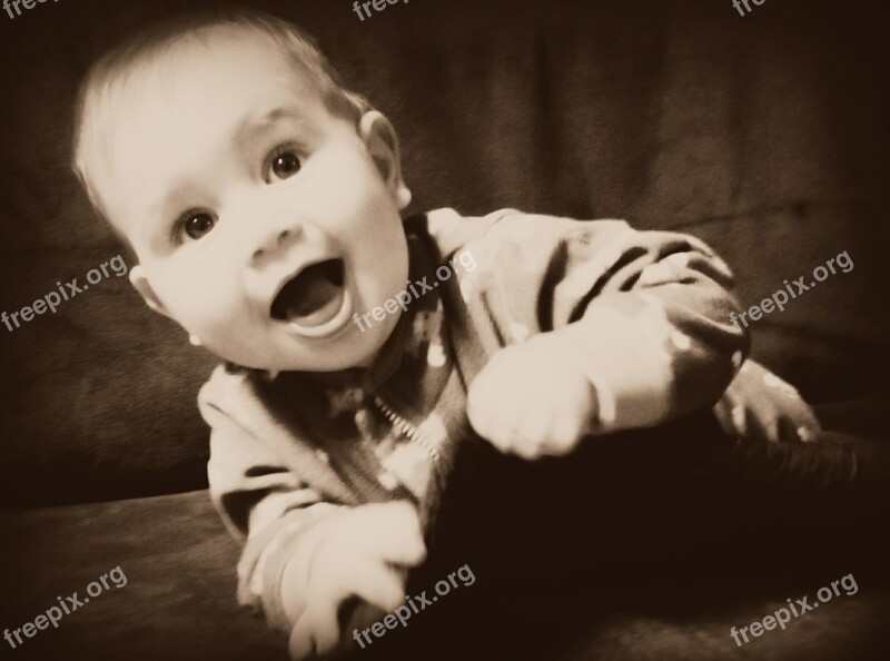 Baby Sepia Laughing Infant Boy