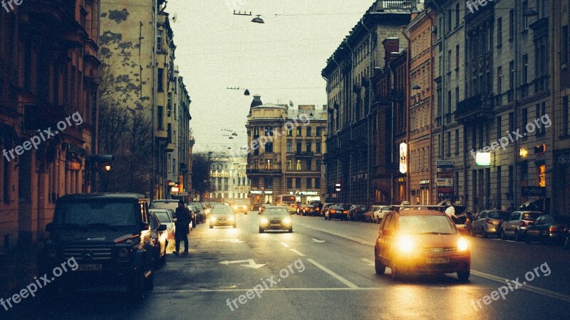 Street Twilight Headlights St Petersburg Russia Architecture