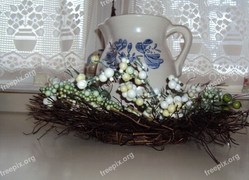 Ceramic Pitcher Wreath Background Blue And White Decorative