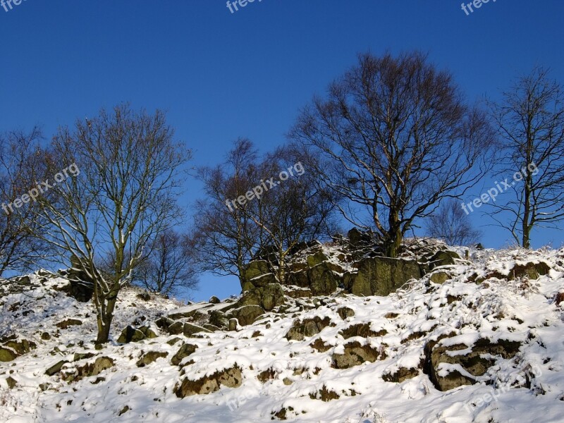 Winter Snow Rocks Trees Hill