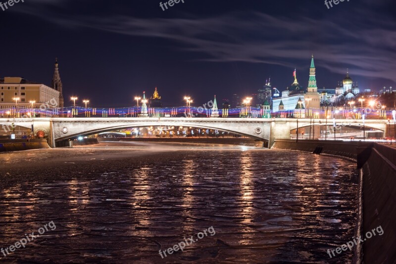 Bridge The Kremlin Winter River Night